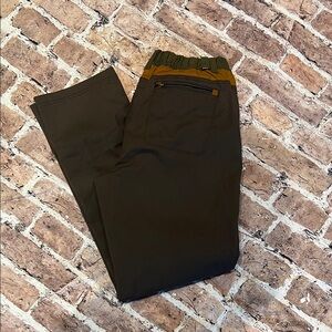 Prana women’s size 10 Dark Brown Chinos with olive/mustard Waistband